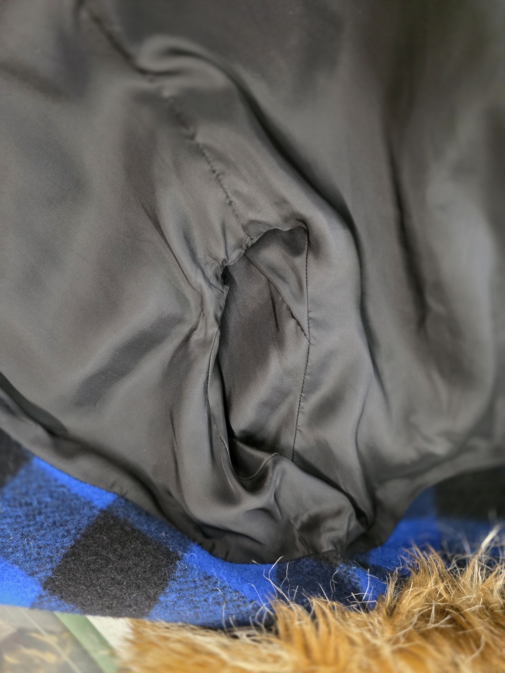 Smythe Wool Black & Electric Blue Buffalo Checks barn jacket with Faux Fur Trim - Picture 12 of 16